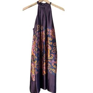 Zara Medium Ruffle Halter Purple Paisley 70s Boho 
Loose Sack Silky Maxi Dress
